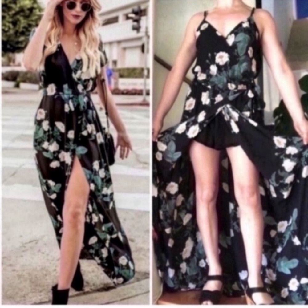 NWT ANTHRO wrap maxi dress sleeveless romper night peony - black floral sz M